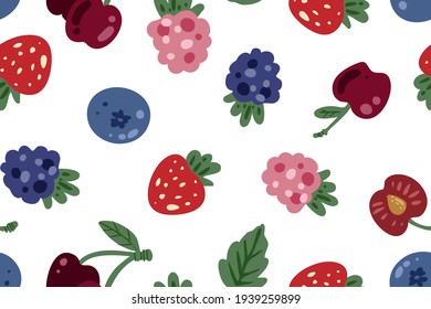 seamless pattern of various berries, acrtoon style, vector