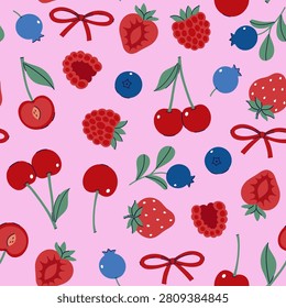 Seamless pattern with various berries and bows on a pink background. Vector graphics.