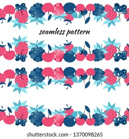 Seamless pattern with various berries. Cherry, strawberry, raspberry, blueberry, bilberry, black currant - Vector