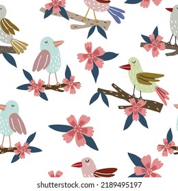 Seamless pattern with various birds, branches, leaves and flowers.Colorful vector flat for kids. hand drawing. baby design for fabric, print, wrapper, textile