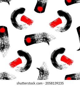 Seamless pattern with various black and red brush stroke elements isolated on white background. Ink grunge texture. Japanese style vector wallpaper.	