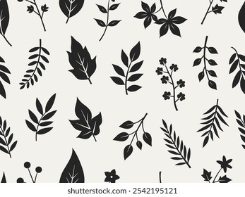 Seamless pattern of various black silhouettes of leaves and botanical elements on a white background.