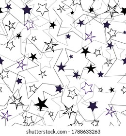 Seamless pattern with various black stars contours on a white background. Vector illustration of simple scandinavian style for printing, bed linen