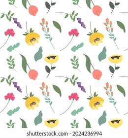 Patrón sin foco con flores y hojas floridas, elementos botánicos. Patrón vectorial.