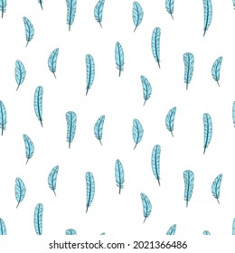Seamless pattern of various blue feathers on a white background. Color vector illustration for fabric.