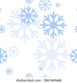 Patrón inmaculado con varios copos de nieve azules sobre fondo blanco para estampados de moda, telas, papel envolvente, camisetas, lino. Ilustración vectorial.