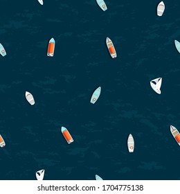 Seamless pattern with various boats on the water, top view. Minimalist vector illustration.