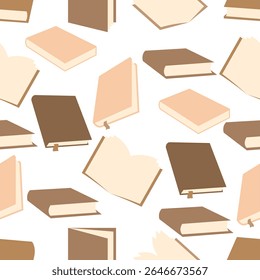 Padrão contínuo de vários livros em tons de marrom neutro, ambos abertos e fechados, sobre fundo transparente. Perfeito para projetos com temas de livros, artigos de papelaria, papéis de parede e materiais educativos.
