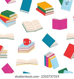 Seamless pattern with various books, stack of books, materials for reading and education.