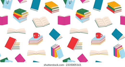 Seamless pattern with various books, stack of books, materials for reading and education.