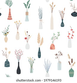 Seamless pattern of various bouquets of herbs, tropical leaves, blooming flowers  in flower vases. For decorative floral design textiles, clothes, wrapping and wall paper. Isolated vector illustration