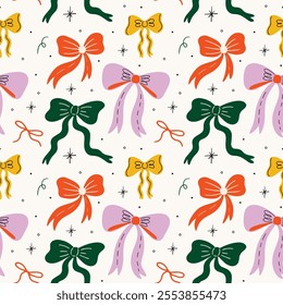 Seamless pattern with various bow knot coquette accessories, different types of gift ribbons decorative elements for christmas, birthday presents vector illustration in cartoon retro groovy style