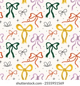 Seamless pattern with various bow knot coquette accessories, different types of gift ribbons decorative elements for christmas, birthday presents vector illustration in cartoon retro groovy style