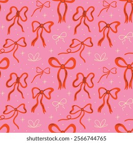 Seamless pattern with various bow knot coquette accessories, different types of gift ribbons decorative elements for valentines day, birthday presents vector illustration in cartoon retro groovy style