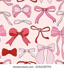 Seamless pattern with various bow knots. Trendy hair braiding accessory. Editable vector illustration for wrapping paper, packaging, fabric, wallpaper, phone case etc. 