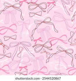 Seamless pattern with various bow knots. Trendy hair braiding accessory. Editable vector illustration for wrapping paper, packaging, fabric, wallpaper, phone case etc. 