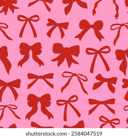 Seamless pattern with various bow knots. Trendy hair braiding accessory. Editable vector illustration for wrapping paper, packaging, fabric, wallpaper, phone case etc. 