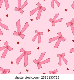 Seamless pattern with various bow knots. Trendy hair braiding accessory. Editable vector illustration for wrapping paper, packaging, fabric, wallpaper, phone case etc. 