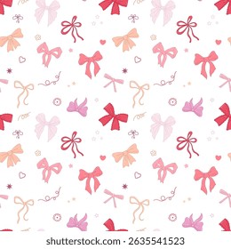 Seamless pattern with various bow knots, gift ribbons. Hand drawn trendy Vector illustration. Wedding celebration, holiday, party decoration, gift, present concept. seamless Pattern on white