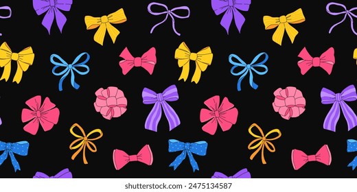 Patrón sin costura con varios arcos, cintas de regalo. Bowknots en estilos planos y dibujados a mano. Ilustración vectorial de moda. Accesorio para el cabello. Nudos de arco para envolver regalos