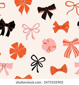 Seamless pattern with various bows, gift ribbons. Bowknots in hand-drawn and flat styles. Fashionable vector illustration. Hair accessory. Bow knots for gift wrapping