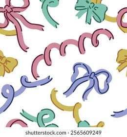 Seamless pattern of various bows, gift ribbons, bowknots in cartoon style. Present wrapping decoration ornament. Vector design for holiday.