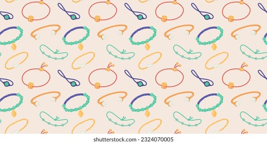 Seamless pattern with various bracelets on a beige background.