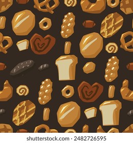 Seamless pattern of various bread types. Waffles, loaf, baguette, bun, pretzel, croissant and other baked goods. Vector food background. Bakery tiled illustration