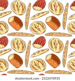 Padrão contínuo com vários tipos de pão, como pães, baguetes e pães redondos em estilo de arte de linha. Fundo perfeito para projetos de padaria, embalagem, papéis de parede e projetos relacionados à comida.