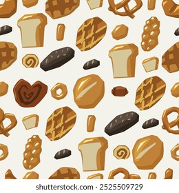 Nahtloses Muster verschiedener Brotarten. Waffeln, Laib, Baguette, Brötchen, Brezeln, Croissants und andere Backwaren. Vektorgrafik auf Lebensmittelhintergrund. Bäckerei geflieste Illustration