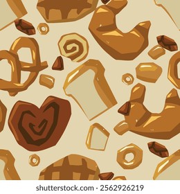 Seamless pattern of various bread types. Waffles, loaf, baguette, bun, pretzel, croissant and other baked goods. Vector food background. Bakery illustration