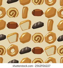 Seamless pattern of various bread types. Waffles, loaf, baguette, pretzel, croissant and other baked goods. Vector food