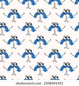 Seamless pattern Various bright Geometric arrows character shapes with face emotions, different cartoon basic figures. Cute colorful shapes, trendy colors. Vector illustration isolated on background