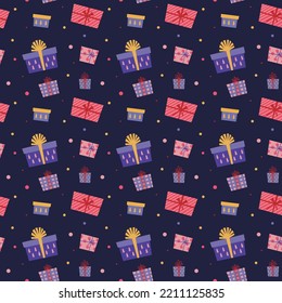 Patrón sin foco con varios regalos brillantes. Feliz Navidad, Feliz Año Nuevo diseño, atributo, elemento, símbolo