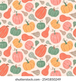 Seamless pattern of various bright pumpkins and gourds. Vector illustration in a retro style. Thanksgiving, harvest, autumn season fabric textile, packaging, wrapping paper, wallpaper design