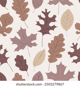 Seamless pattern with various brown autumn leaves on a beige background. Design for wallpaper, textile, and print