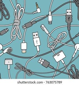 Seamless pattern of various cables, plugs, chargers and adapters, for electricity, internet and computers