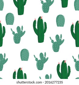 Seamless pattern with various cacti, bright texture with green cacti, hand drawing in cartoon style, stylish and simple illustration, background with desert plants, vector print for printing bedding