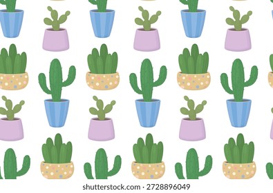 Padrão contínuo com vários cactos em vasos coloridos. Fundo floral com plantas decorativas