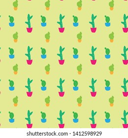 Seamless pattern with various cacti and pastel yellow background.