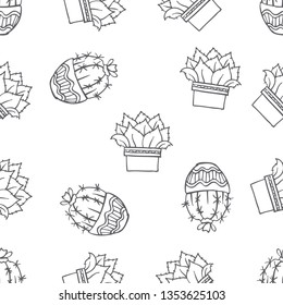 Seamless pattern of various cactus on a pot hand drawn in black and white doodle vector