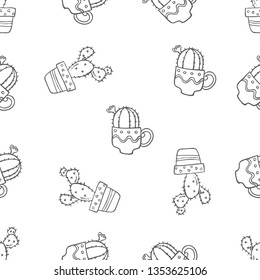 Seamless pattern of various cactus on a pot hand drawn in black and white doodle vector