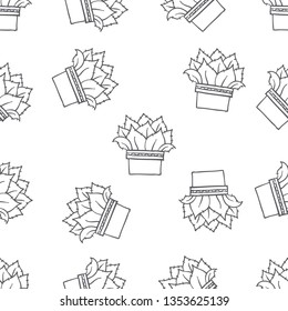 Seamless pattern of various cactus on a pot hand drawn in black and white doodle vector