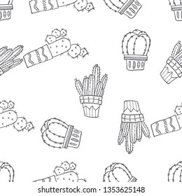 Seamless pattern of various cactus on a pot hand drawn in black and white doodle vector