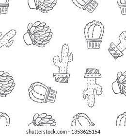 Seamless pattern of various cactus on a pot hand drawn in black and white doodle vector