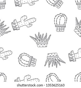 Seamless pattern of various cactus on a pot hand drawn in black and white doodle vector