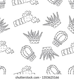 Seamless pattern of various cactus on a pot hand drawn in black and white doodle vector