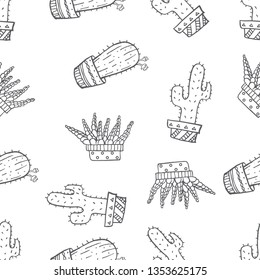Seamless pattern of various cactus on a pot hand drawn in black and white doodle vector