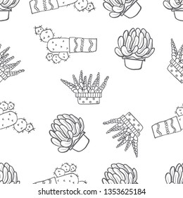 Seamless pattern of various cactus on a pot hand drawn in black and white doodle vector