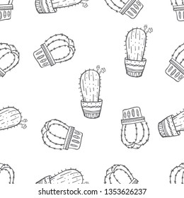 Seamless pattern of various cactus plant on pot hand drawn in black and white doodle vector style